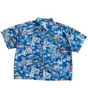 Vintage Disney Mens XXL Hawaiian Shirt Blue Mickey‎ Donald Tropical Cotton